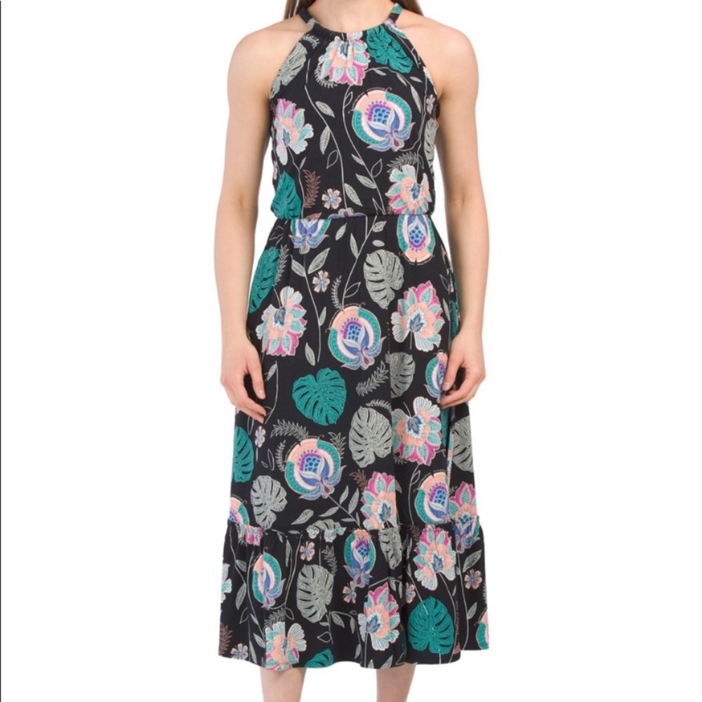 Cynthia Rowley Black And Multicolor Floral Palm Tropical Print Halter Midi Dress